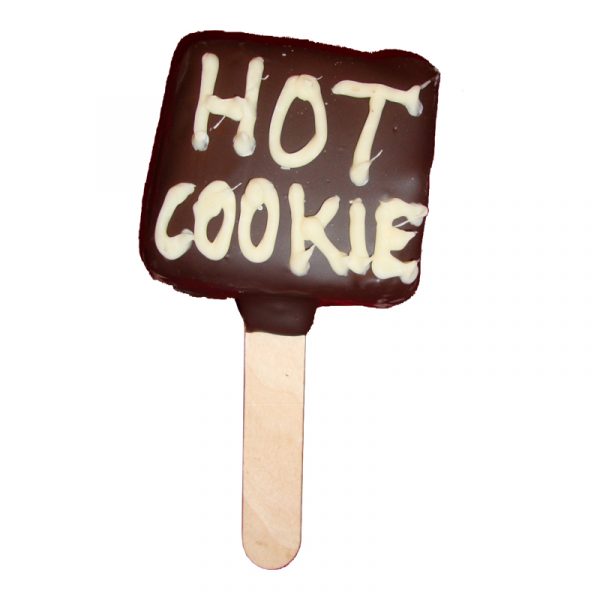 Chocolate dipped brownie on a stick with Hot Cookie written on it