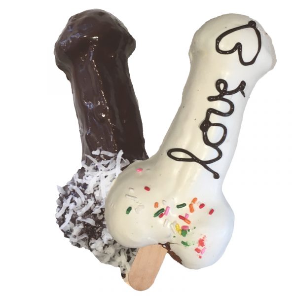 Famous Penis Cookies in white and dark chocolate with custom decoration