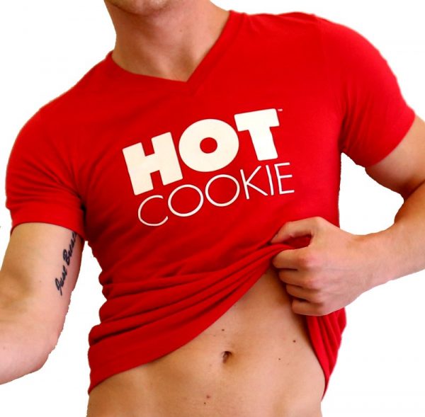 Red V-Neck Hot Cookie t-shirt on male model