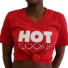 Red V-Neck Hot Cookie t-shirt on female model