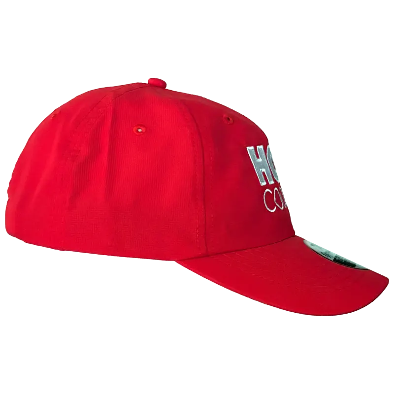 Red baseball cap hot cookie logo side view