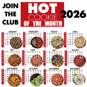 Hot Cookie 2026 monthly calendar featuring twelve different cookie flavors.